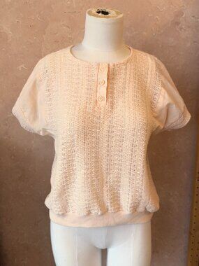 VTG 80s/90s Shenanigans Peach Knit Henley Top Open Weave Short Sleeve Large